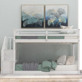 Twin Over Twin Floor Bunk Bed, Ladder with Storage