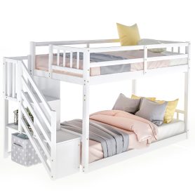 Twin Over Twin Floor Bunk Bed, Ladder with Storage