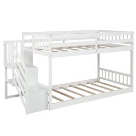Twin Over Twin Floor Bunk Bed, Ladder with Storage