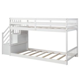 Twin Over Twin Floor Bunk Bed, Ladder with Storage