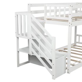 Twin Over Twin Floor Bunk Bed, Ladder with Storage