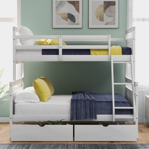 Twin over full bunk bed with ladder, two storage drawers, safety guardrail, white