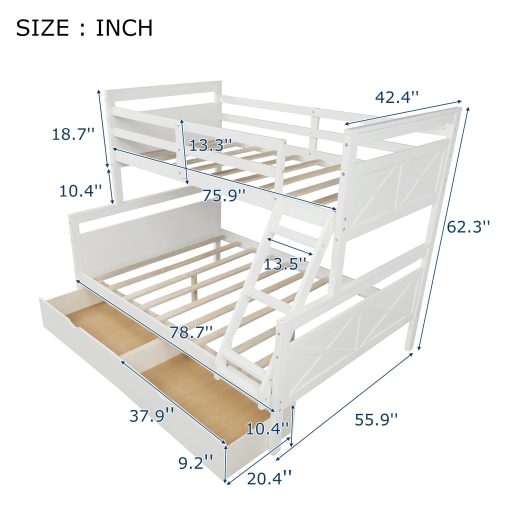 Twin over full bunk bed with ladder, two storage drawers, safety guardrail, white