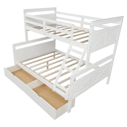 Twin over full bunk bed with ladder, two storage drawers, safety guardrail, white