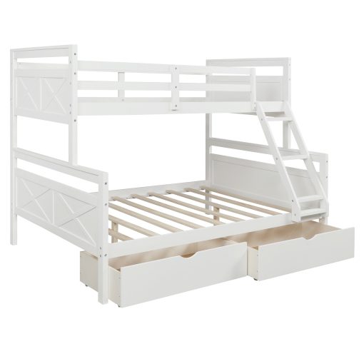Twin over full bunk bed with ladder, two storage drawers, safety guardrail, white