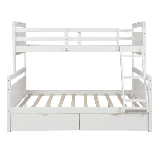 Twin over full bunk bed with ladder, two storage drawers, safety guardrail, white