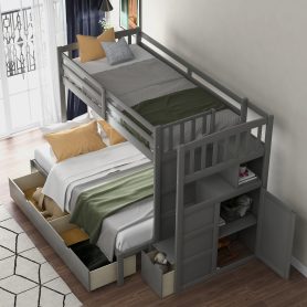Twin over full/twin bunk bed, convertible bottom bed, storage shelves and drawers, gray