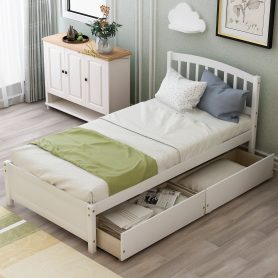 Twin Platform Storage Bed Wood Bed Frame With Two Drawers And Headboard, White
