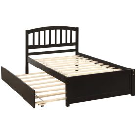 Twin Size Platform Bed Wood Bed Frame With Trundle, Espresso