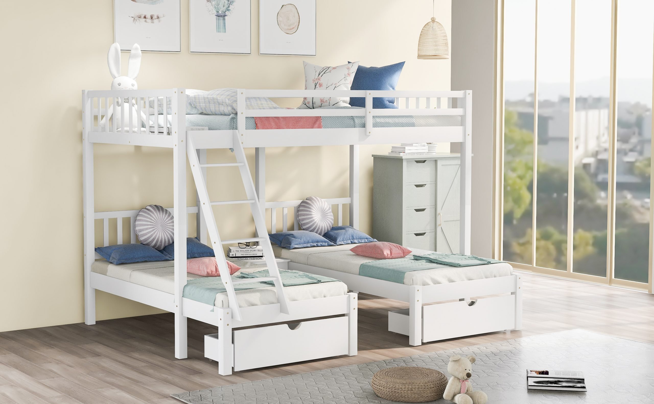 5 Triple Bunk Beds For Kids: Free Shipping to the USA 7 Full Over Twin Bunk Bed, Wood Triple Bunk Bed With Drawers And Guardrails