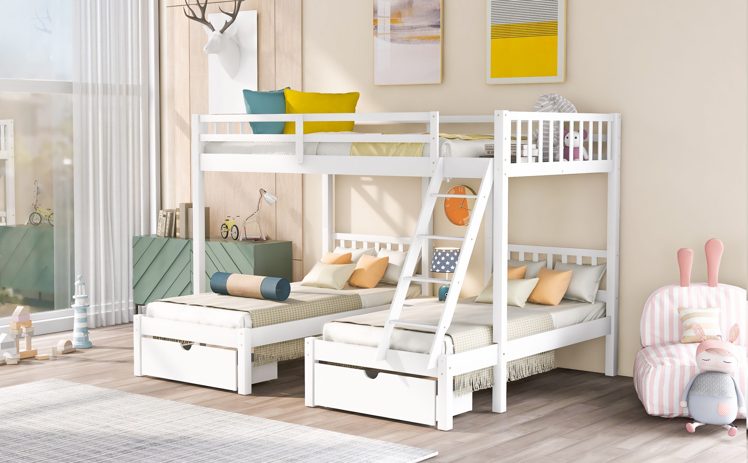 5 Triple Bunk Beds For Kids: Free Shipping to the USA 5 Full Over Twin Bunk Bed, Wood Triple Bunk Bed With Drawers And Guardrails
