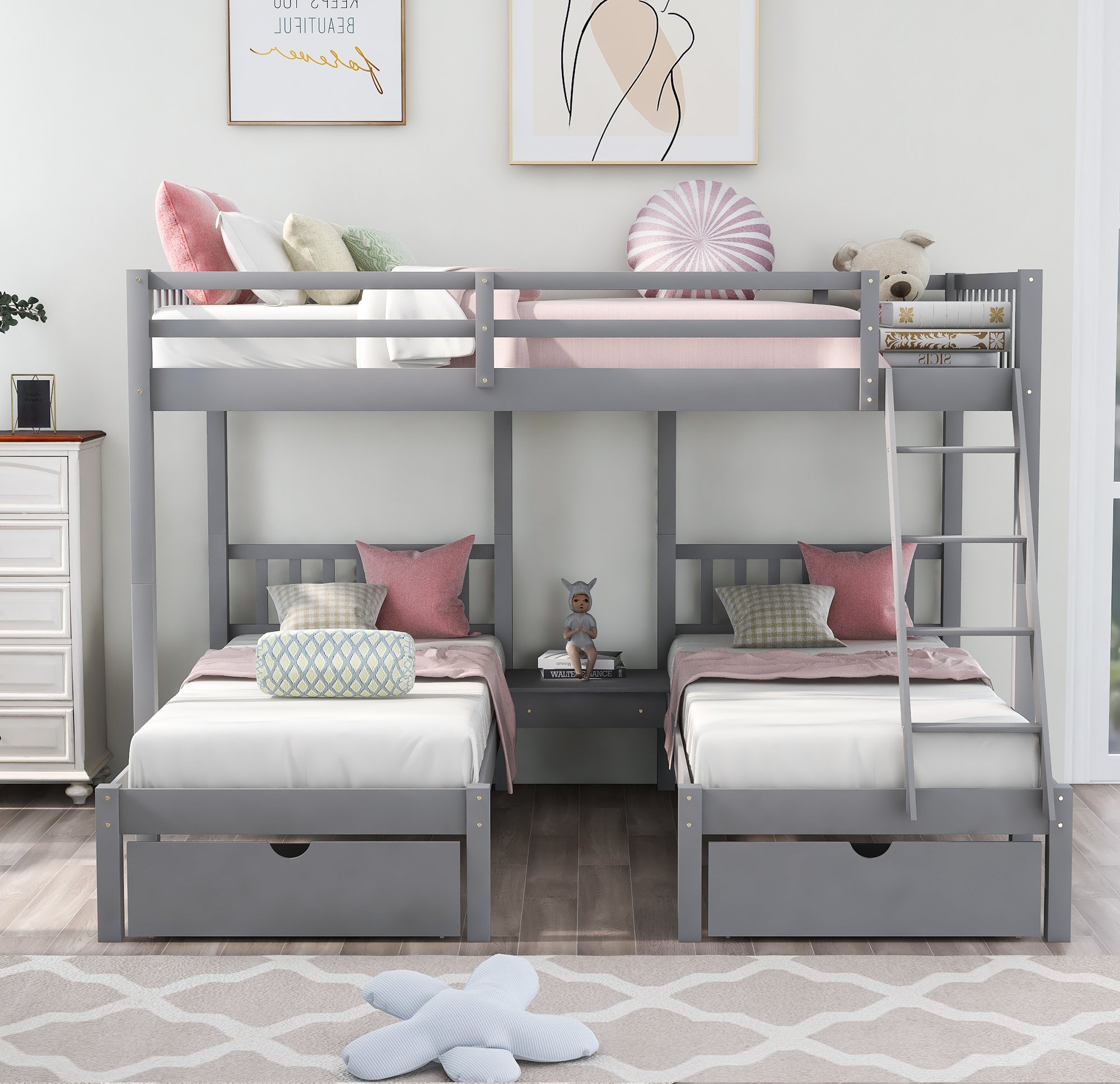 5 Triple Bunk Beds For Kids: Free Shipping to the USA 3 Full Over Twin Bunk Bed, Wood Triple Bunk Bed With Drawers And Guardrails