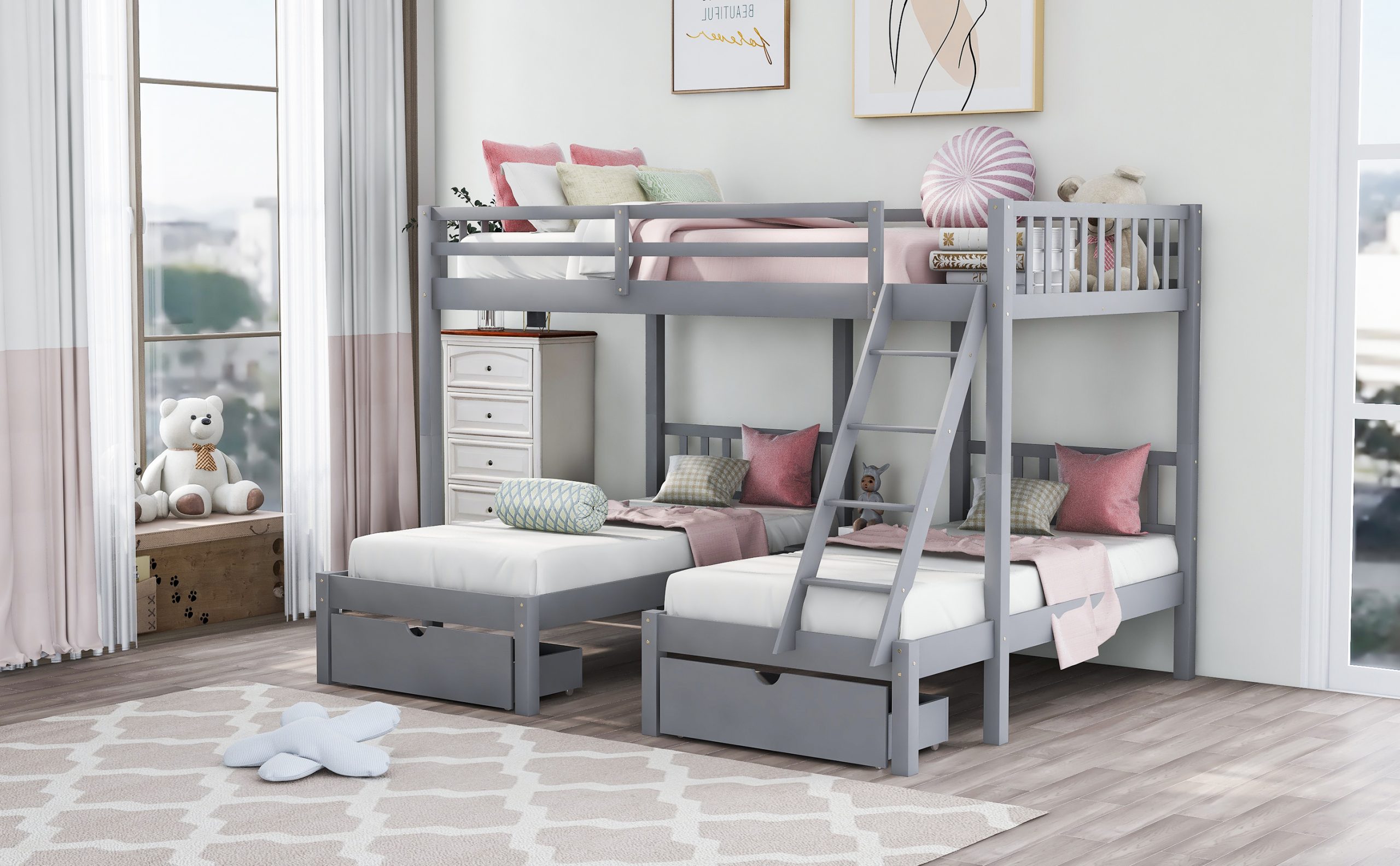 5 Triple Bunk Beds For Kids: Free Shipping to the USA 2 Full Over Twin Bunk Bed, Wood Triple Bunk Bed With Drawers And Guardrails