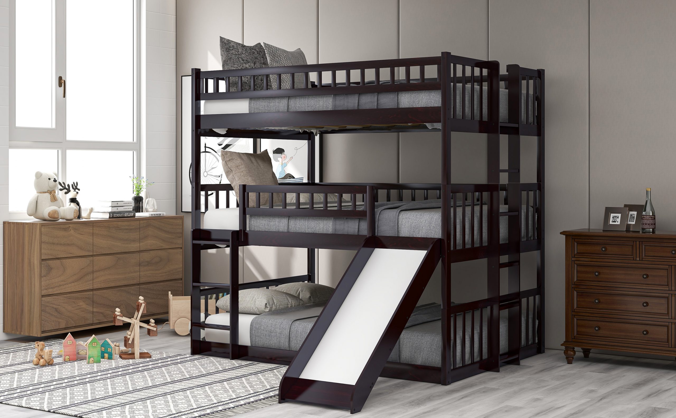 5 Triple Bunk Beds For Kids: Free Shipping to the USA 14 Full-over-Full-over-Full Triple Bunk Bed With Built-in Ladder And Slide