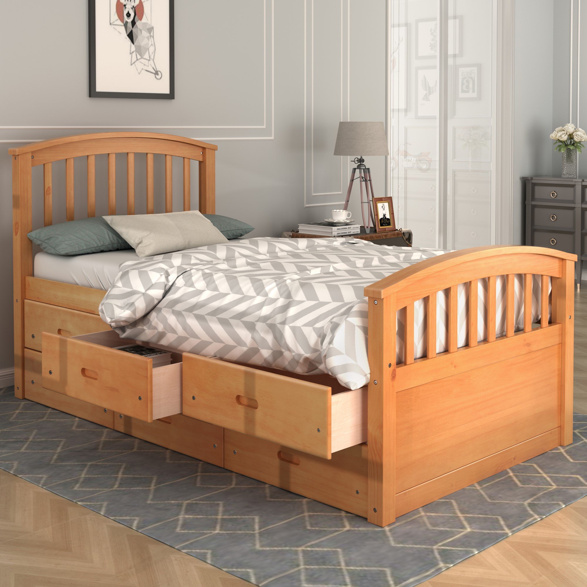Twin Size Platform Storage Bed Solid Wood Bed With 6 Drawers Oak 3 Twin Size Platform Storage Bed Solid Wood Bed With 6 Drawers Oak