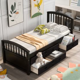 Wooden Twin Size Platform Bed With 6 Drawers