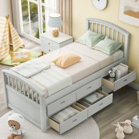 Twin Size Platform Storage Bed Solid Wood Bed With 6 Drawers White