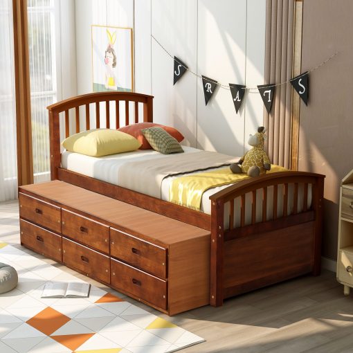 Twin Size Platform Storage Bed Solid Wood Bed With 6 Drawers