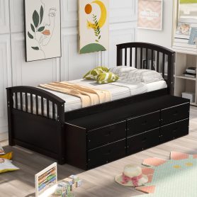 Wooden Twin Size Platform Bed With 6 Drawers