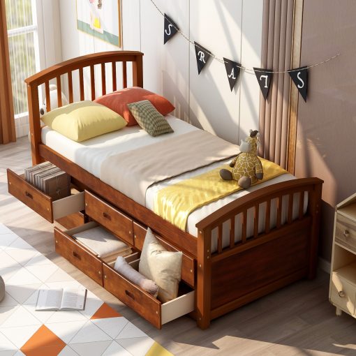 Twin Size Platform Storage Bed Solid Wood Bed With 6 Drawers