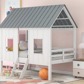 Twin Size Low Loft House Bed With Roof And Two Front Windows