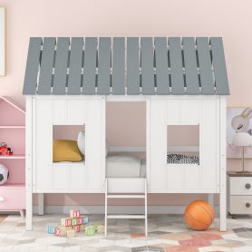 Twin Size Low Loft House Bed With Roof And Two Front Windows