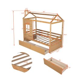 Twin Size Wood House Bed With Two Drawers