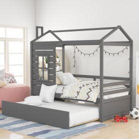 Twin Size Wood House Bed With Twin Size Trundle