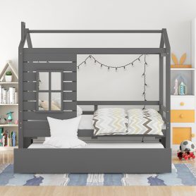 Twin Size Wood House Bed With Twin Size Trundle