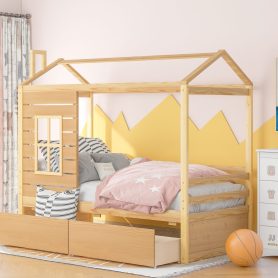 Twin Size Wood House Bed With Two Drawers