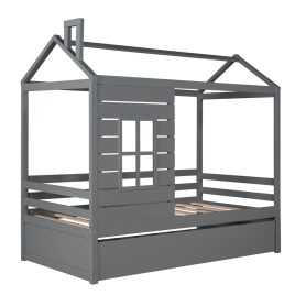 Twin Size Wood House Bed With Twin Size Trundle