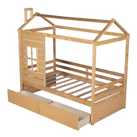 Twin Size Wood House Bed With Two Drawers
