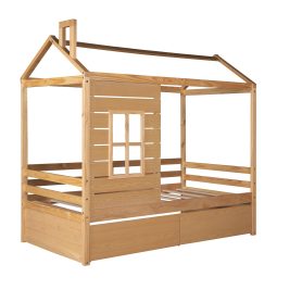 Twin Size Wood House Bed With Two Drawers