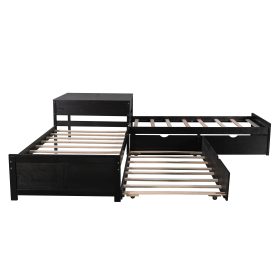 L-Shaped Platform Bed With Trundle And Drawers Linked With Built-in Desk,Twin Size