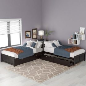 L-Shaped Platform Bed With Trundle And Drawers Linked With Built-in Desk,Twin Size