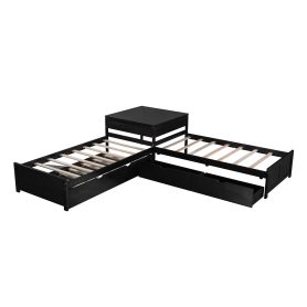 L-Shaped Platform Bed With Trundle And Drawers Linked With Built-in Desk,Twin Size