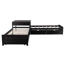 L-Shaped Platform Bed With Trundle And Drawers Linked With Built-in Desk,Twin Size