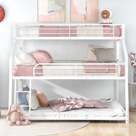 Twin XL/Full/Queen Triple Bunk Bed with Long and Short Ladder and Full-Length Guardrails