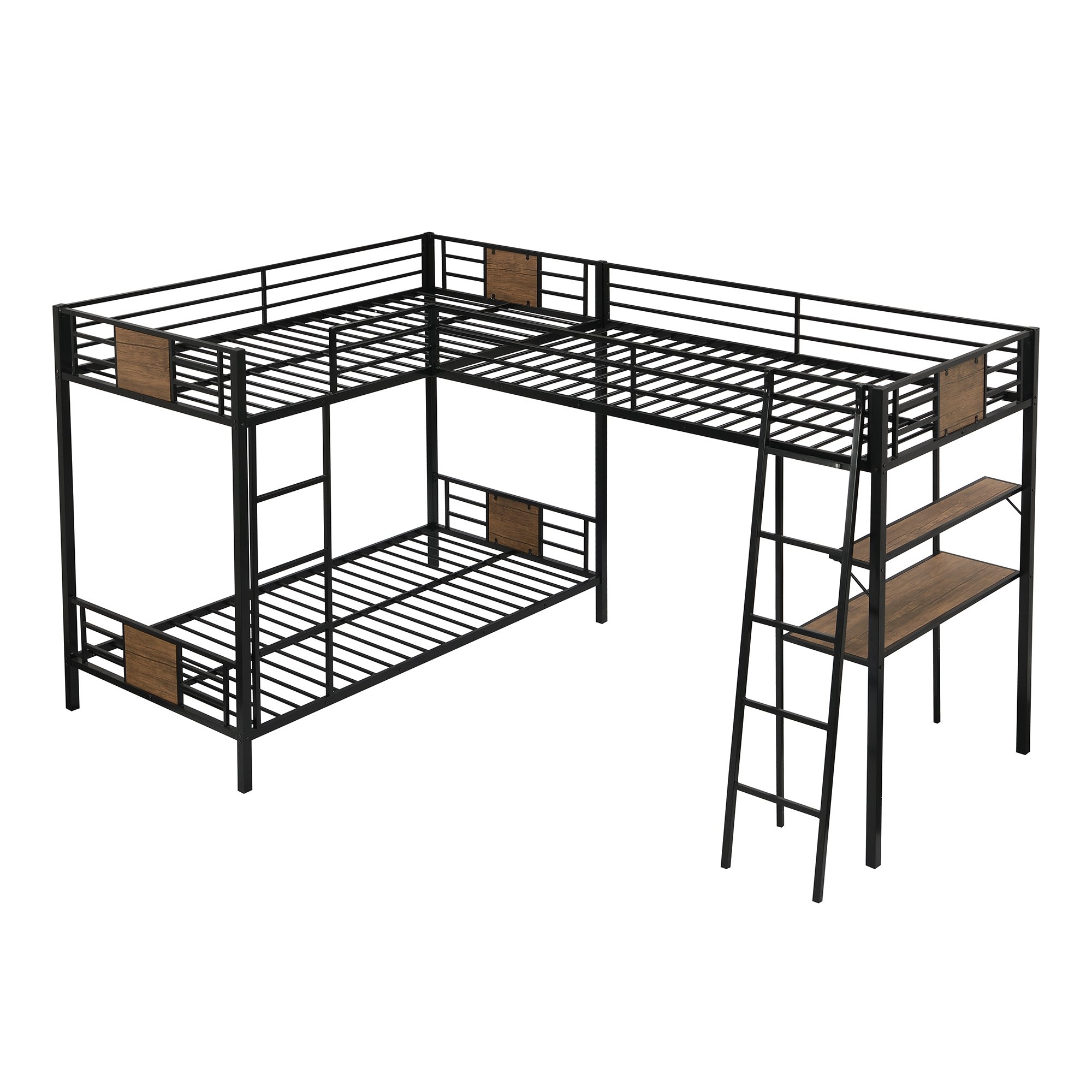 L-Shaped Twin over Twin Bunk Bed with Twin Size Loft Bed with Desk and Shelf