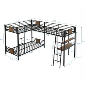 L-Shaped Twin over Twin Bunk Bed with Twin Size Loft Bed with Desk and Shelf