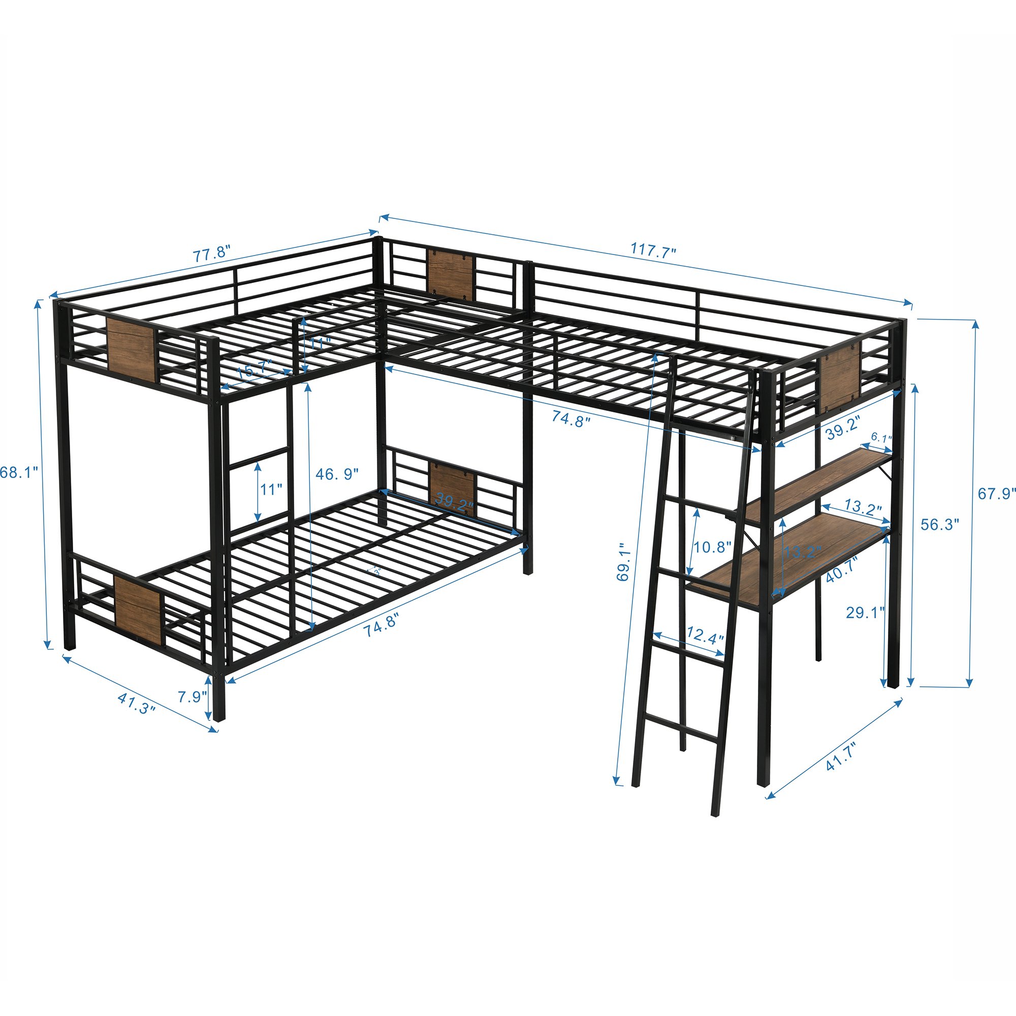 L-Shaped Twin over Twin Bunk Bed with Twin Size Loft Bed with Desk and Shelf
