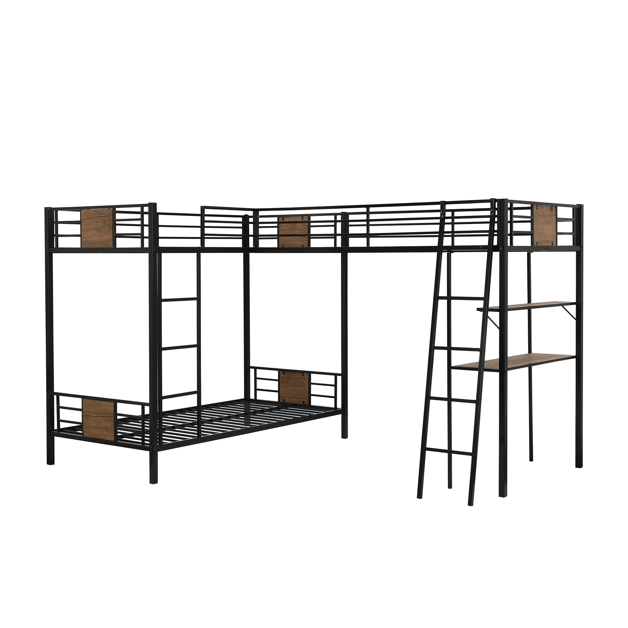 L-Shaped Twin over Twin Bunk Bed with Twin Size Loft Bed with Desk and Shelf