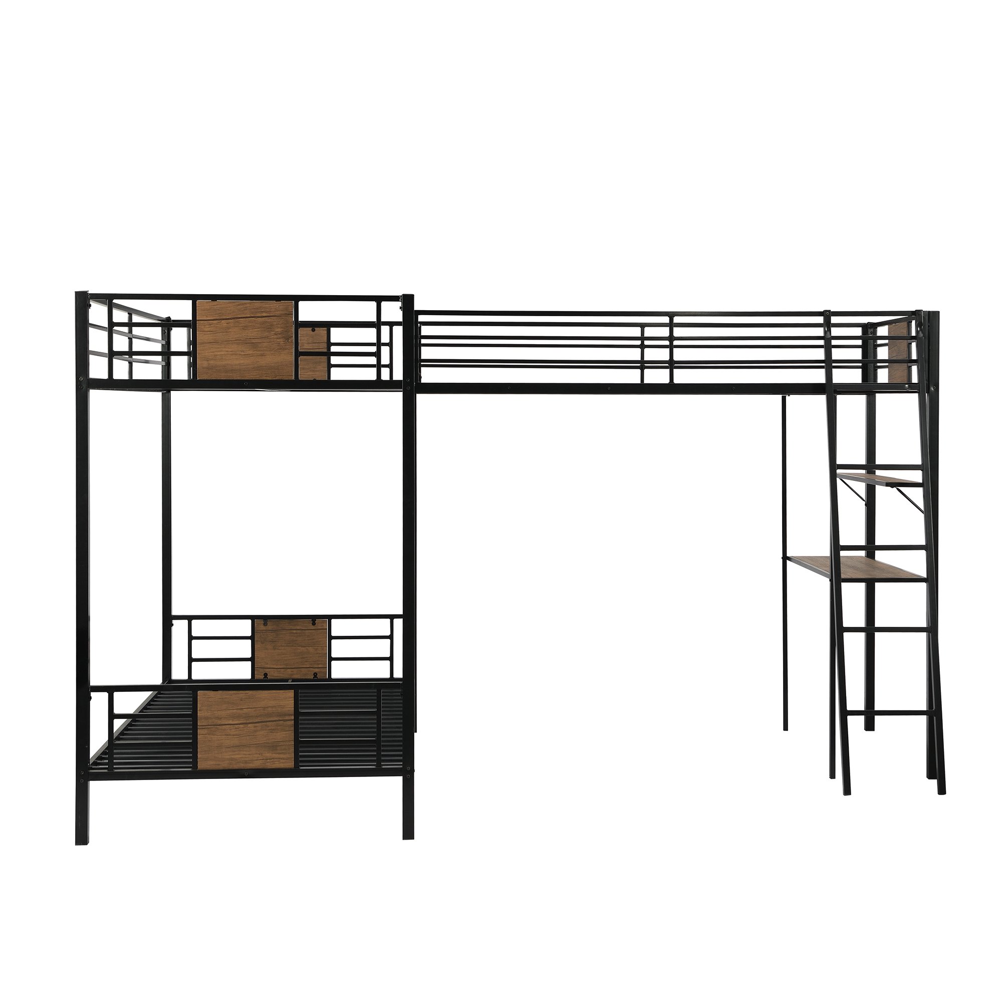 L-Shaped Twin over Twin Bunk Bed with Twin Size Loft Bed with Desk and Shelf