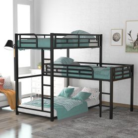 L-Shaped Metal Triple Twin Size Bunk Bed, Black