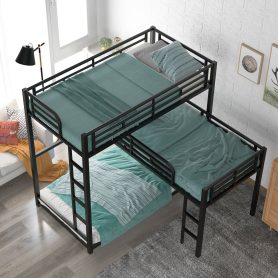 L-Shaped Metal Triple Twin Size Bunk Bed, Black