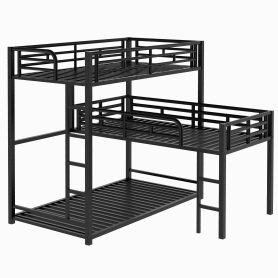 L-Shaped Metal Triple Twin Size Bunk Bed, Black
