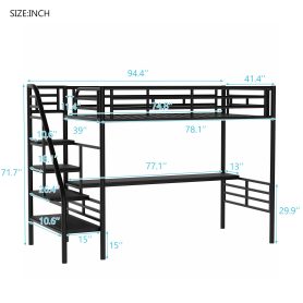 Twin Size Metal Loft Bed Frame with Desk, No Box Spring Needed