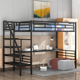 Twin Size Metal Loft Bed Frame with Desk, No Box Spring Needed