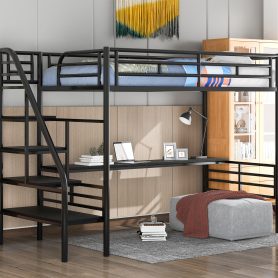 Twin Size Metal Loft Bed Frame with Desk, No Box Spring Needed