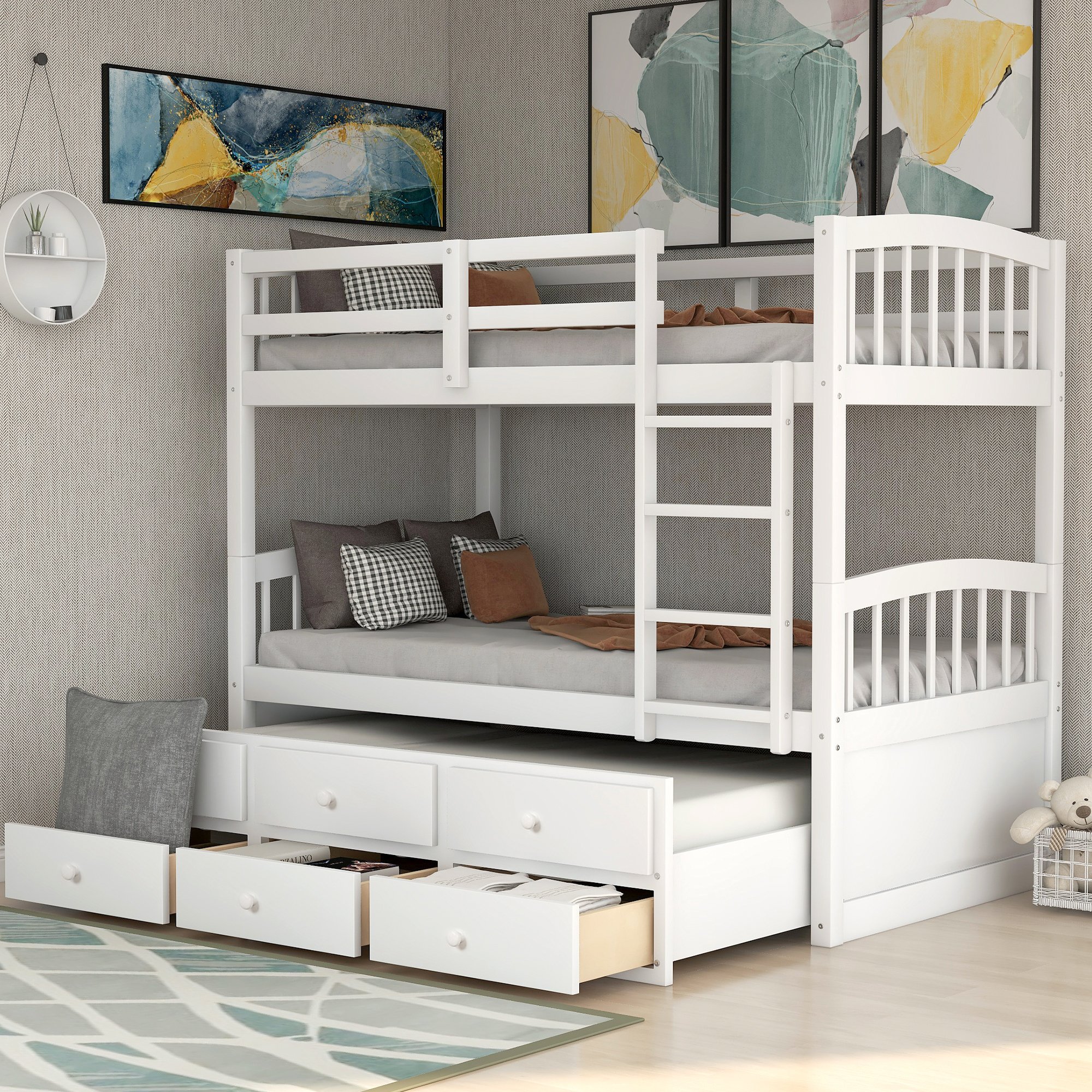 Twin Bunk Bed with Ladder, Safety Rail, Twin Trundle Bed with 3 Drawers